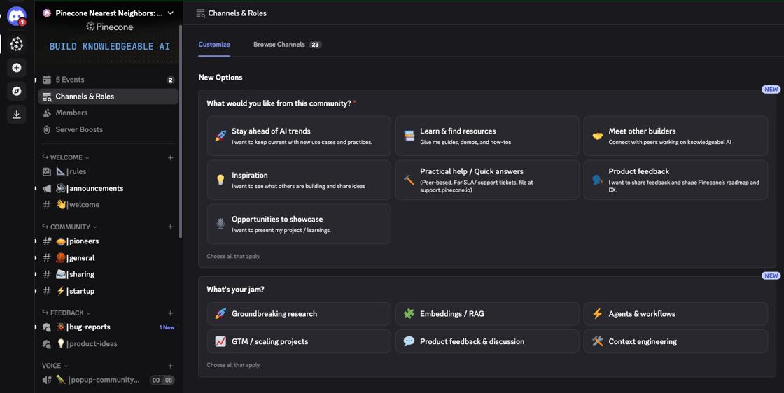 The Pinecone Discord server's Channels and Roles page, where members choose what they want from the community